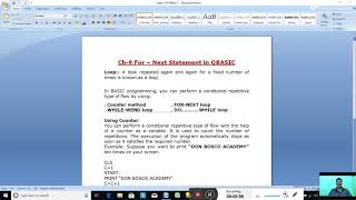 Date-17/11/2020. Class-7. Computer Studies. Ch-9, For-Next Statement in QBASIC. Part-1.