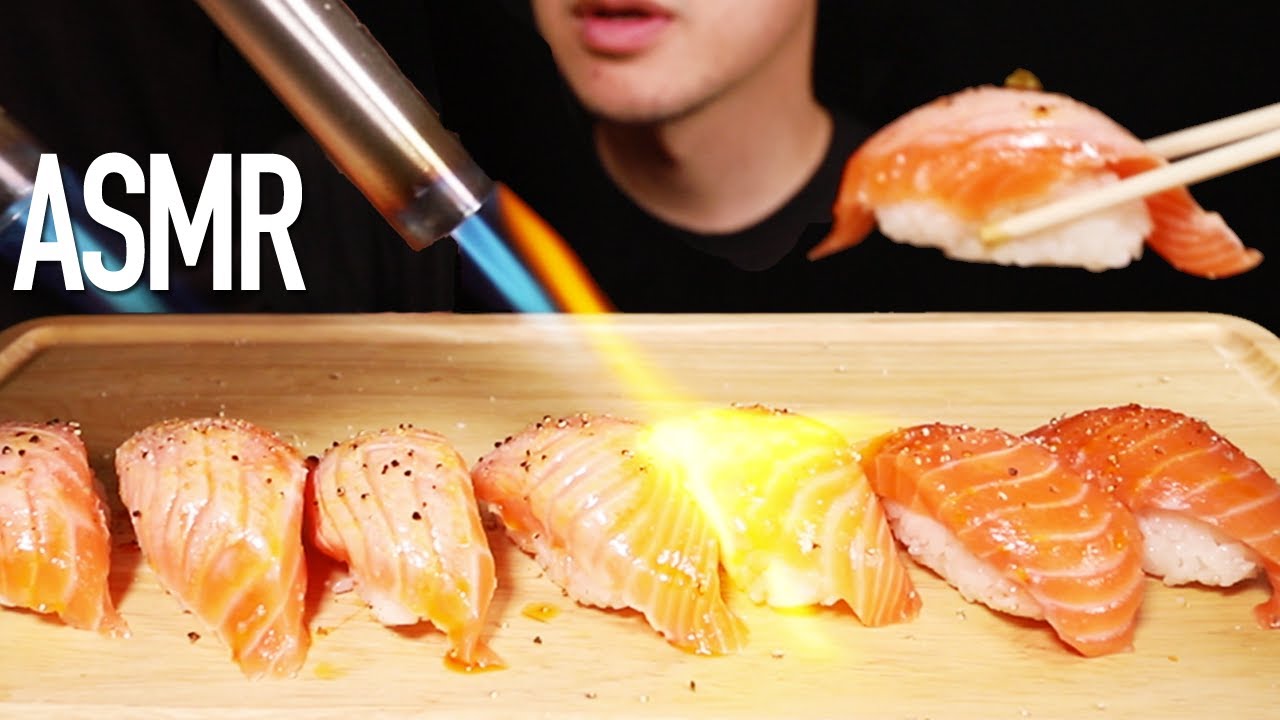 *SAVAGE* RAW SALMON SUSHI BLOW TORCHED!!! ASMR MUKBANG