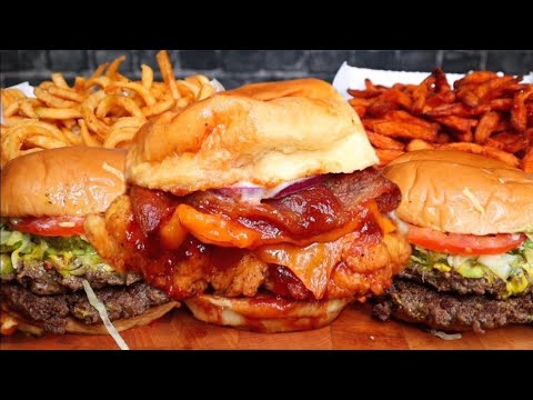 (ASMR NO TALKING) BACON CHEDDAR BURGER, DOUBLE FAT BURGER, BBQ BACON CHEDDAR CHICKEN SANDWICH, FRIES