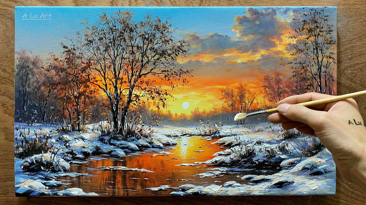 Draw a winter sunset landscape /#82/ Painting of a snowy winter landscape / Acrylic painting.
