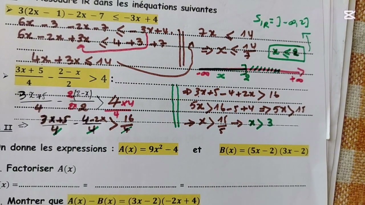1ère année :Exemple du devoir de contrôle N4 Inèquations et tableau de signes 