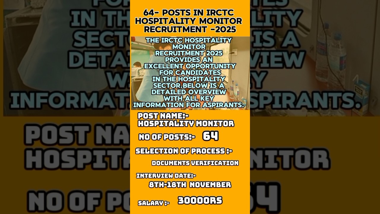 IRCTC Hospitality Monitor Recruitment 2025 | 64 Vacancies | ₹30,000 SalaryWalk-in Interview