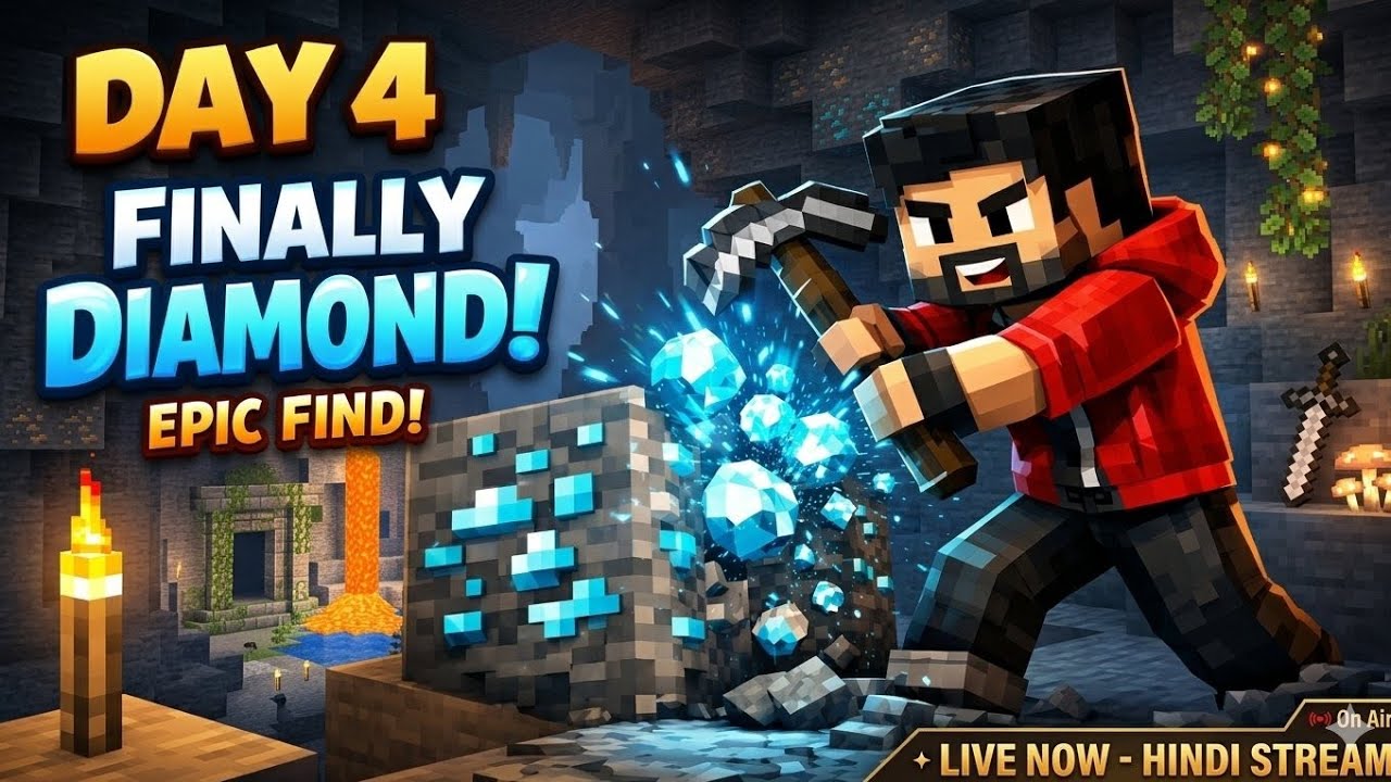 Minecraft Survival Day 4 💎 Finally Found Diamonds! 🔥 Hindi Live - YouTube