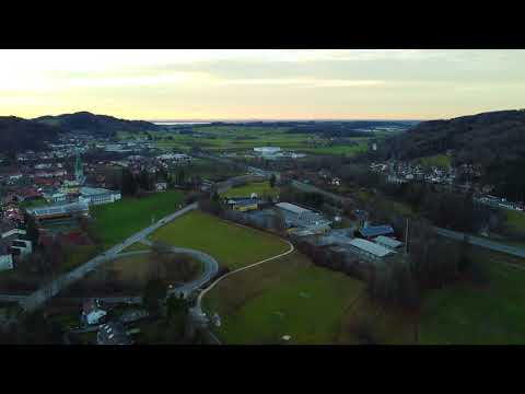 Drone flight over Siegsdorf located in the district of Traunstein (Chiemgau, Bavaria, Germany)