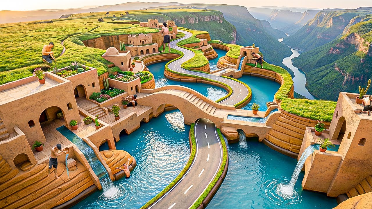 250 Days Building a Hill-Carved Water Park with Road-Shaped Water Slides Using Primitive Tools