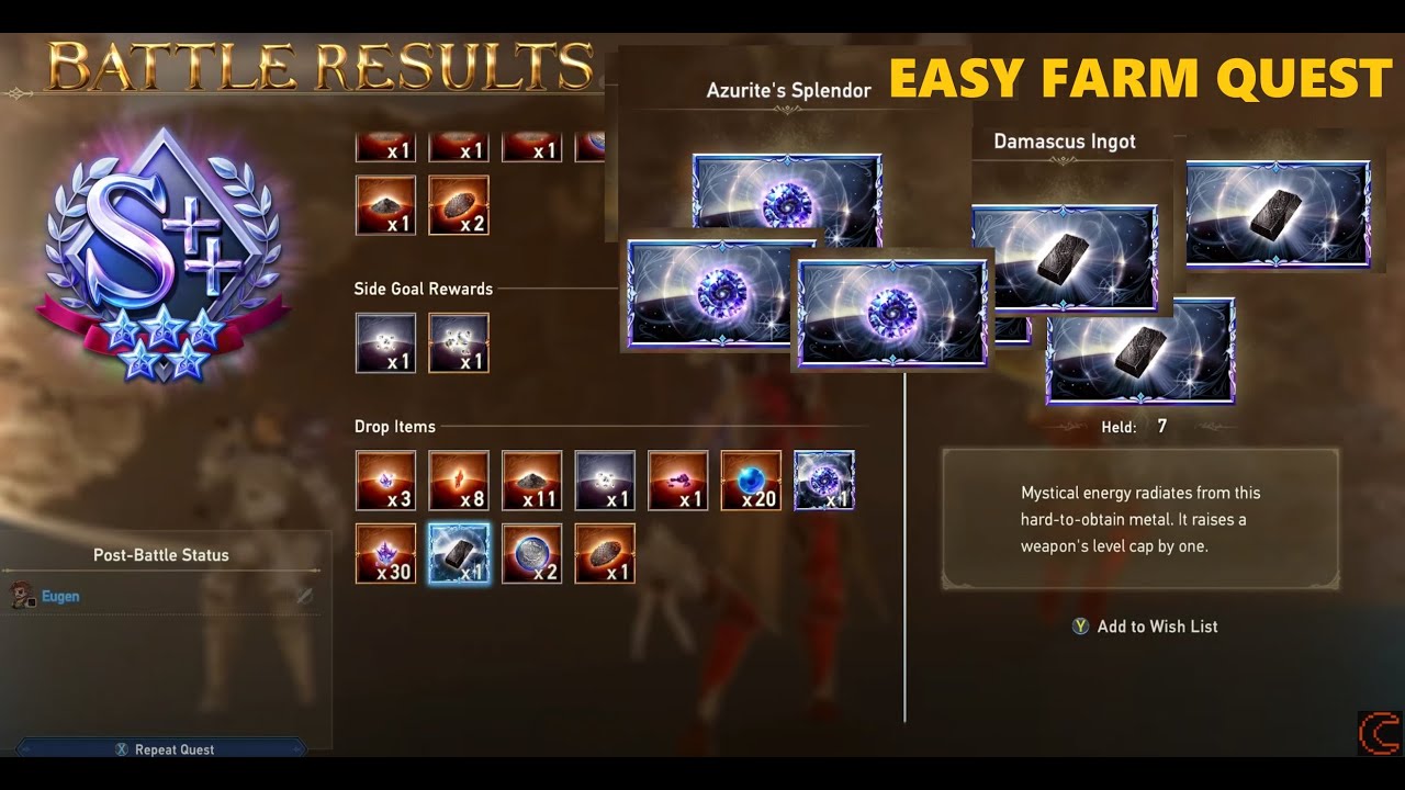 Granblue Fantasy : Relink Farm Quest for farm Azurite's Splender and Damascus Ingot