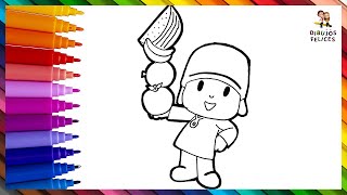 Dibuja y Colorea A Pocoyó Sosteniendo 4 Frutas  Dibujos Para Niños