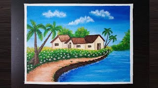 Village Scenery Painting | Riverside landscape painting | Acrylic Scenery Painting