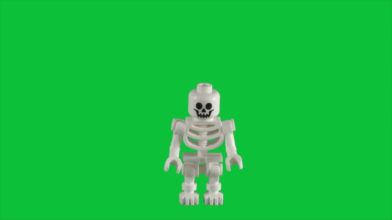 LEGO Skeleton (Bent Arms Vertical Grip) Minifigure Stop Motion Build Green Screen