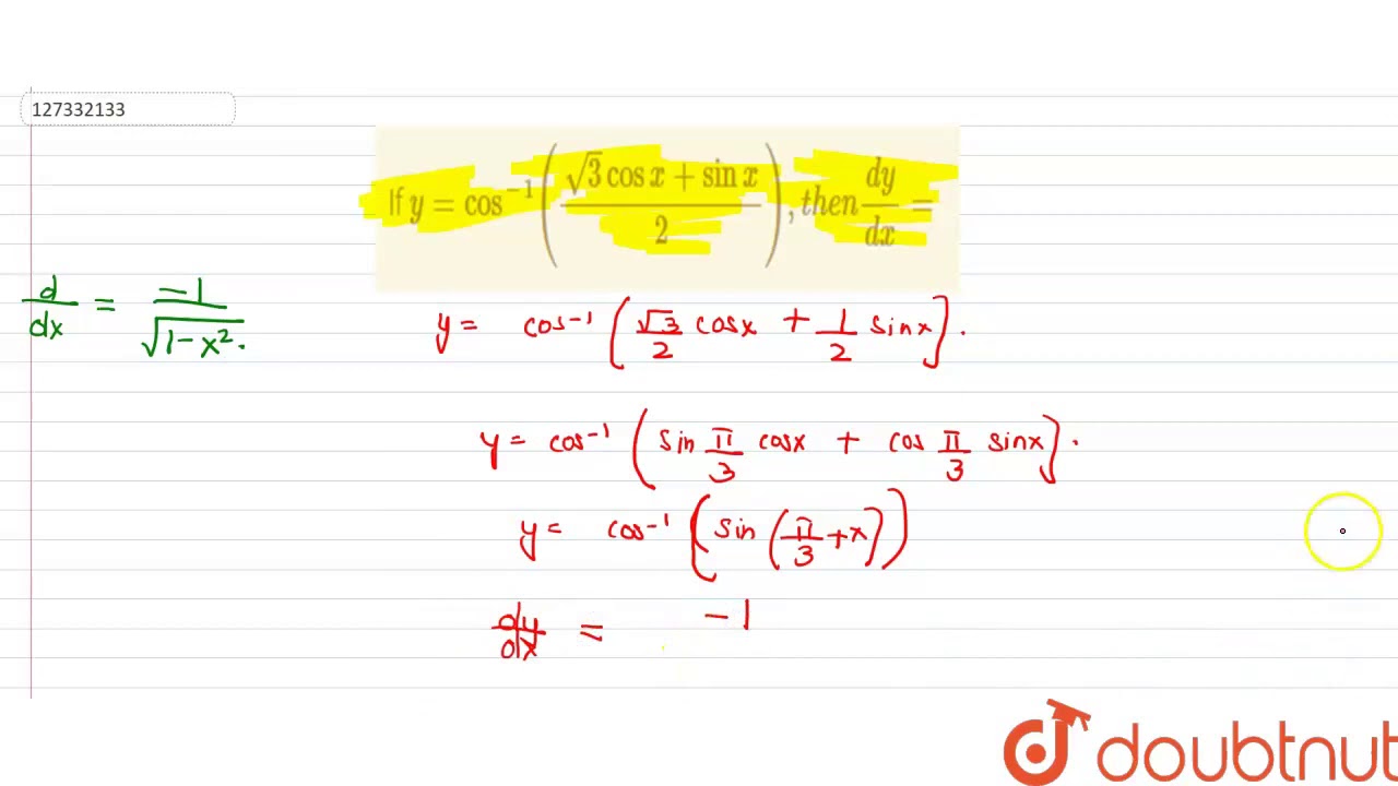 if-y-cos-1-sqrt-3cos-x-sin-x-2-then-dy-dx-youtube