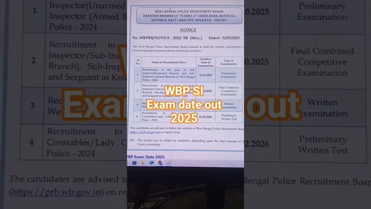 WBP SI exam date| WB police exam 2025 