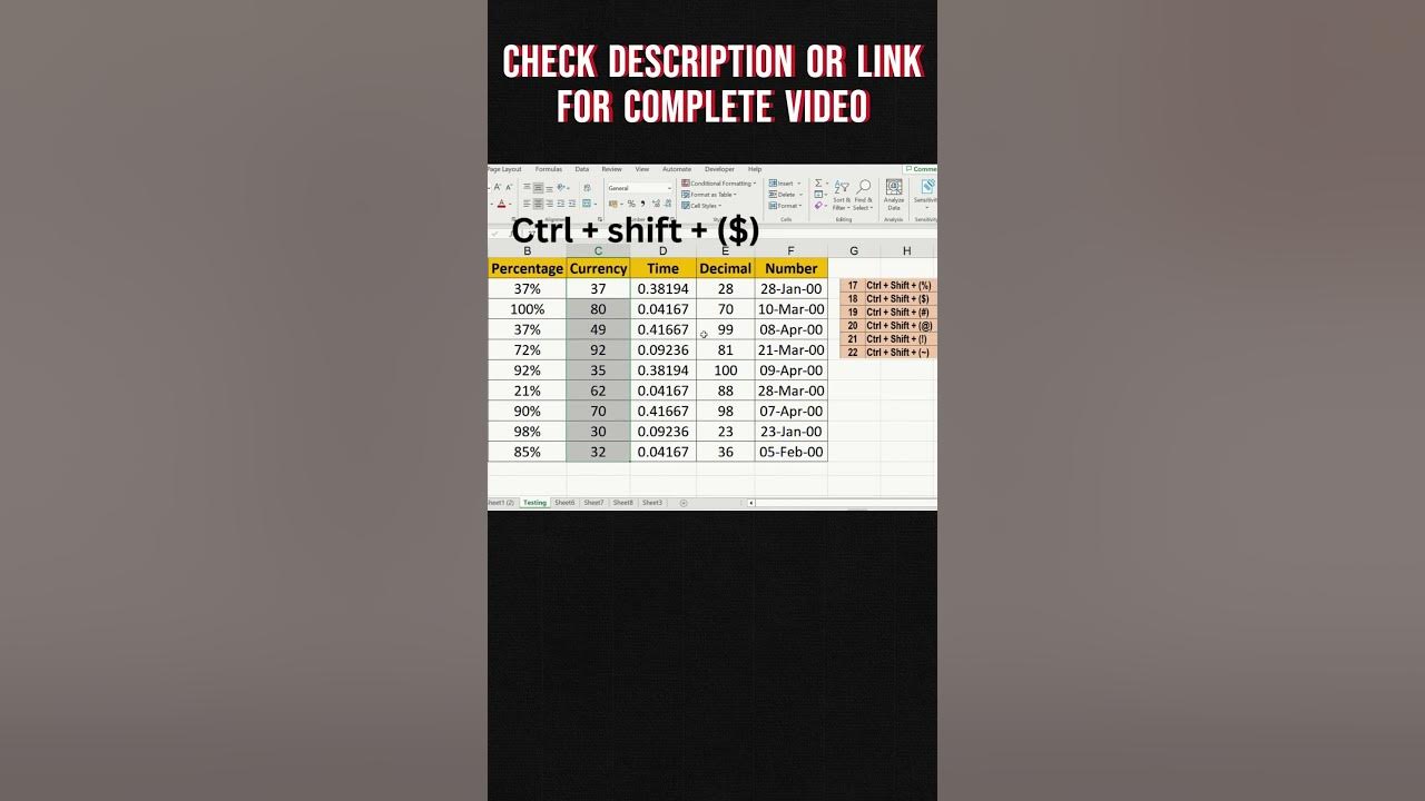 Shortcut keys in excel format cells data type exceltutorial 