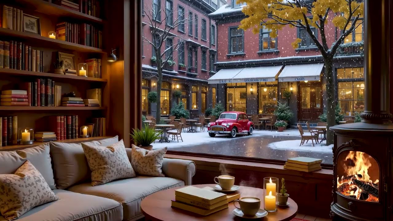 Заснеженная европейская кафе-сцена ❄️ Нежная джазовая музыка, звуки камина