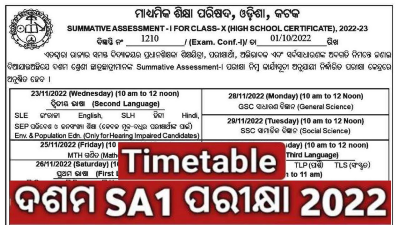 SA-1 Exam Time Table for 10th class Students