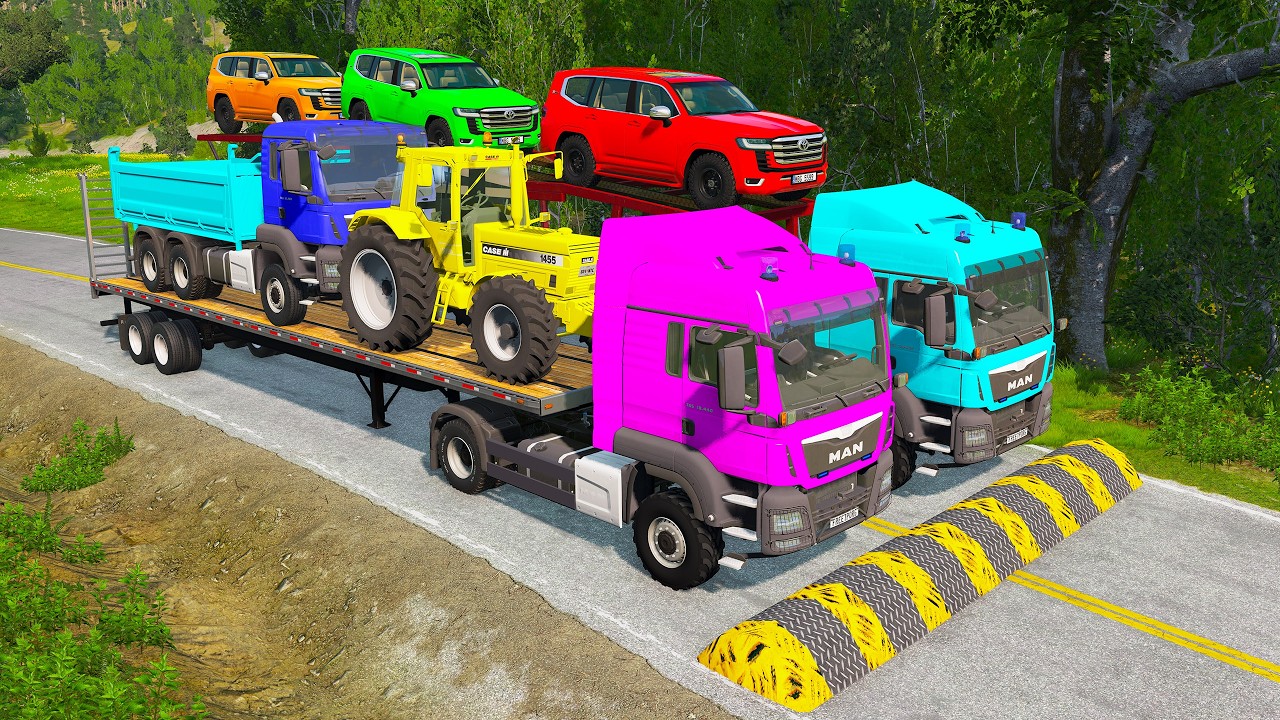 Flatbed Trailer McQueen Transportation with Truck - Speedbumps vs Cars vs Train - BeamNG #309