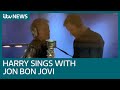 Livin on an heir prince harry and jon bon jovi record charity song at abbey road  itv news
