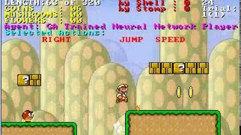 Super Mario AI trained with Genetic Algorithm. Playing on trained level