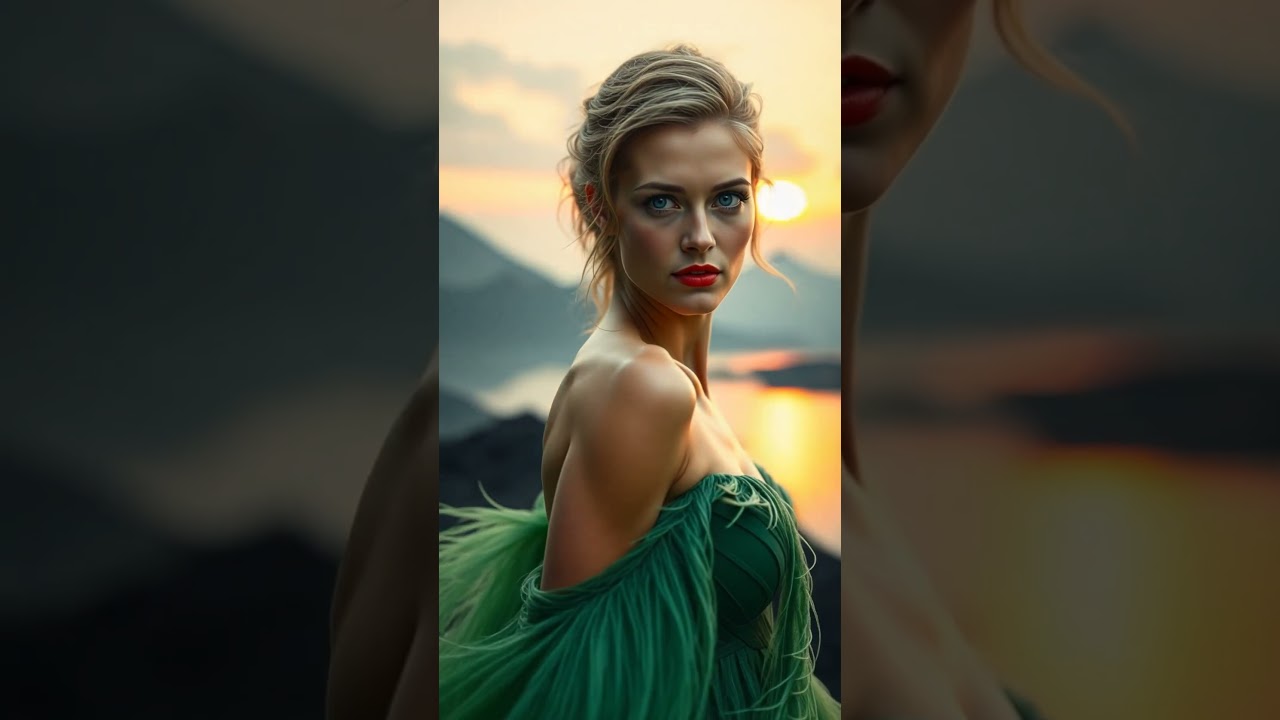The gorgeous AI woman in a green feathery dress poses dramatically near an erupting volcano #aiart