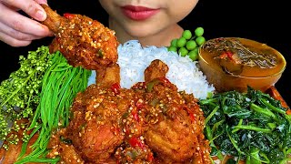 Eating Spicy Food||Fried Chicken, Spicy Chili Sauce, Roselle Leaves Soup & Fresh Vegetables