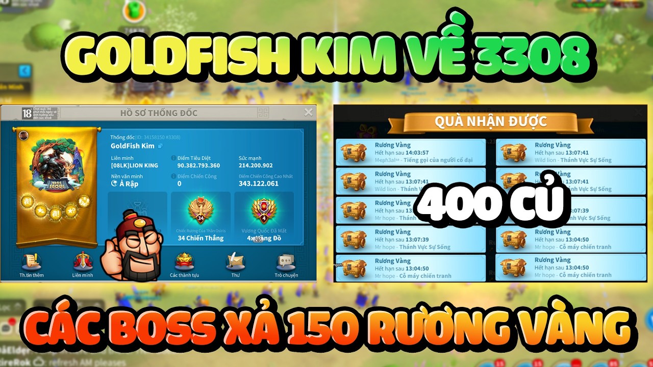 Bro Sắp Bể Phổi - Chiến Thần Goldfish Kim Về 3308 Các Boss Xả 150 Rương Vàng Rise of Kingdoms