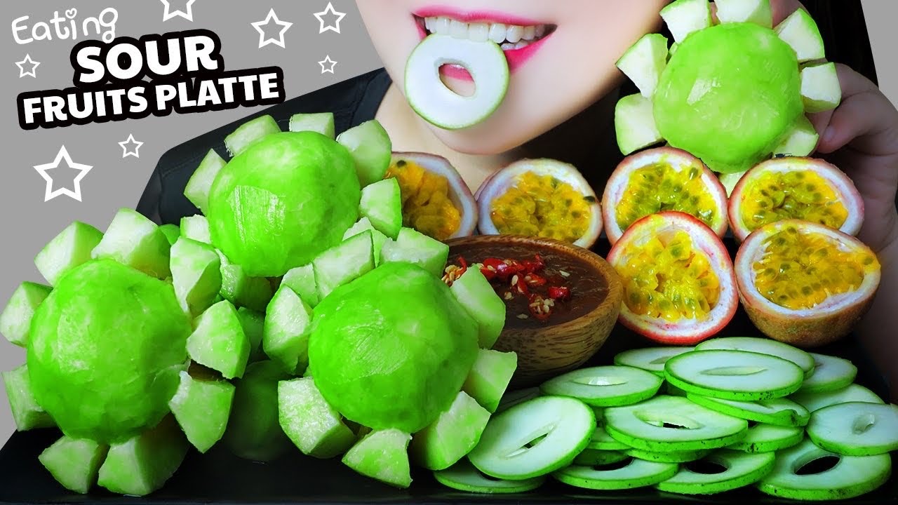 ASMR EATING SOUR FRUITS PLATTER(SOUR MANGO PASSION FRUIT AMBARELLA)CRUNCHY EATING SOUNDS | LINH-ASMR