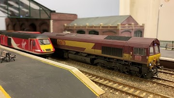 Badgers Cross OO Gauge model railway layout. Modern image, dual helix, DCC Sound, May 21 running.