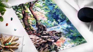 ASMR  Drawing lakeside trees with pastels ✨ no talking