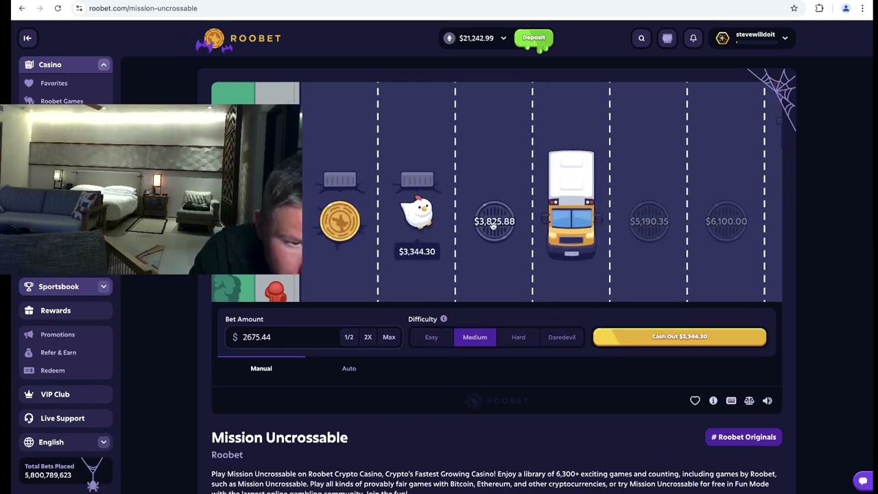 Interfejs gry na platformie RooBet pokazujący suwak zakładów i opcje krypto