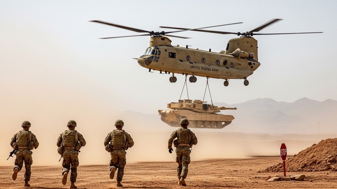 Крупная операция США: вертолет CH-47 Chinook перебросил огромный танк на фоне растущей напряженности