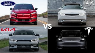 2024 Tesla Model Y vs Ford Mustang Mach-E vs Hyundai IONIQ 5 vs Kia EV6 - Best Family EVs Compared!