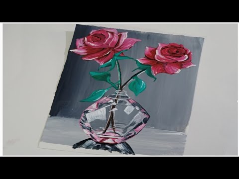How to paint crystal glass vase rose flower/acrylic painting - YouTube