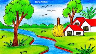 How to Draw a Beautiful Village Scenery | Easy Landscape Drawing Tutorial