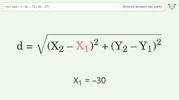 Find the distance between two points p1 (-30,-73) and p2 (39,-27): Step-by-Step Video Solution