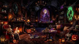 🎃☕ Cozy Autumn Halloween Cafe Ambience | Relaxing Halloween Jazz, Rain & Magical Fireplace Glow