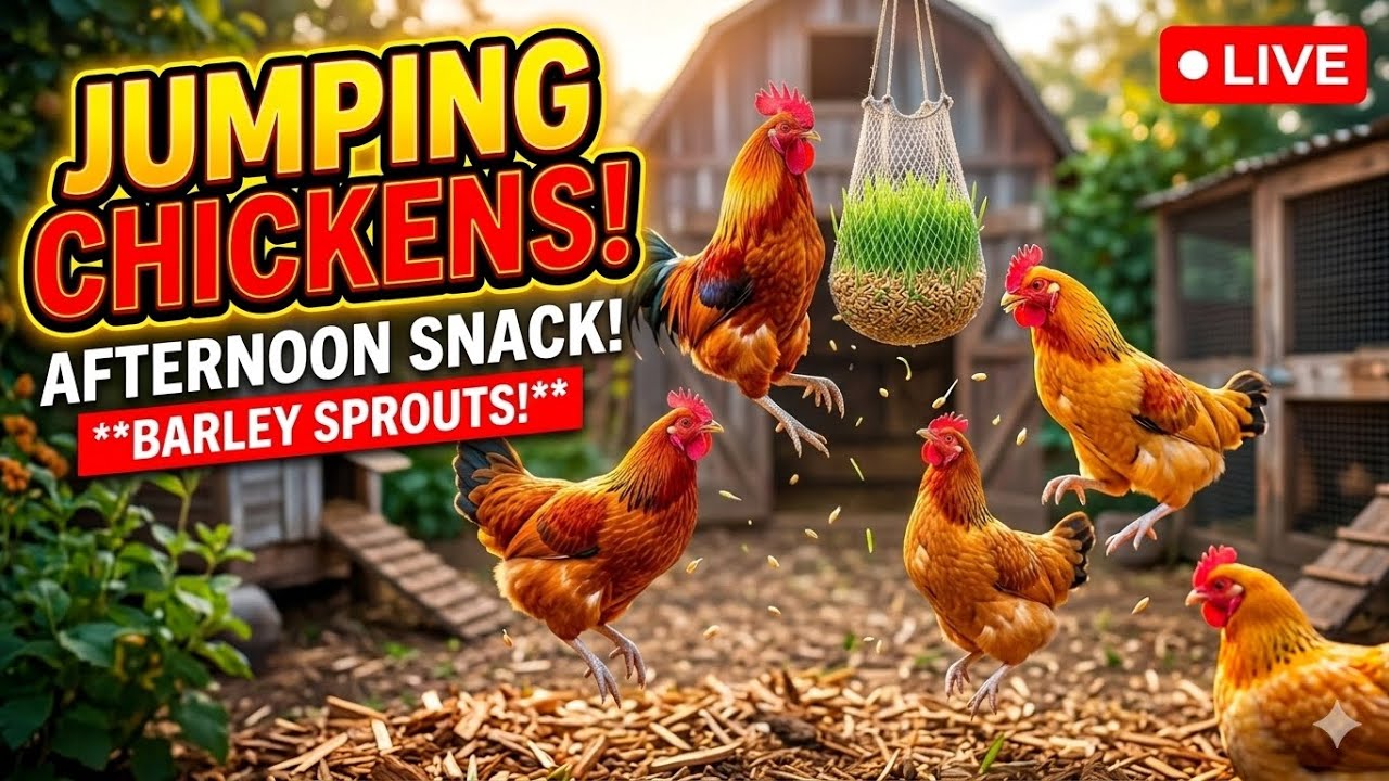 Jumping Chickens 🐓🐔Afternoon Snack - Barley Sprouts 🌱 | Relaxing Chicken Live Cam