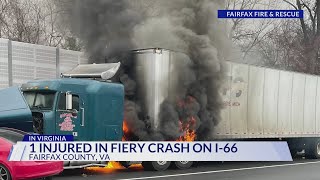Fire breaks out on I-66 after tractor-trailer, car collide in Fairfax County