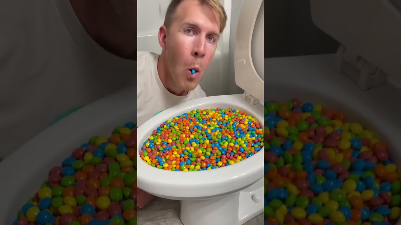 Eating Skittles Candy In Toilet Shorts