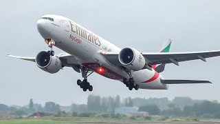 (4K) Turn up the Volume! 5 Powerful 777 Take-offs - Plane spotting at Liège airport