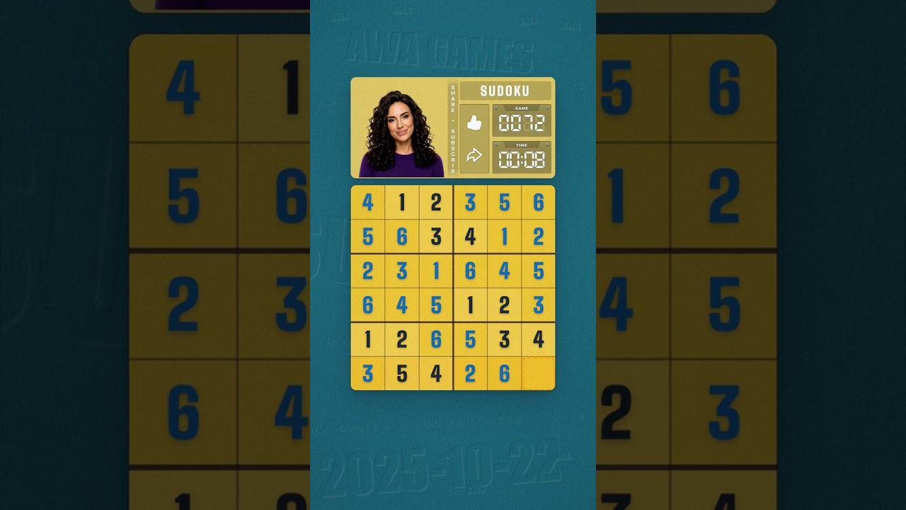 LinkedIn Mini Sudoku #72 solved board for October 22, 2025, 6x6 grid