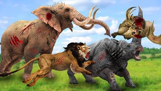 African Elephant Vs 2 Giant Tigers Lion Attack Camel, 8 Zebra Saved by Woolly Mammoth Vs Tiger Panda