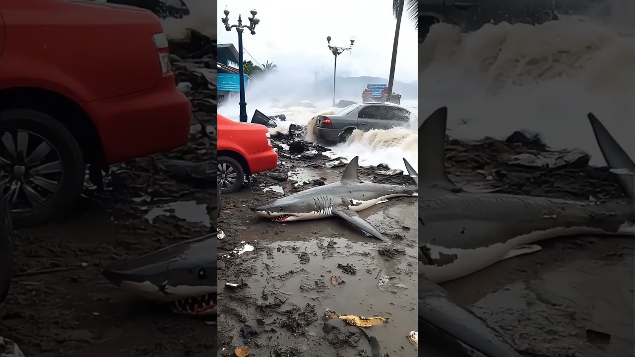 Town And Stranded Shark In Tsunami Disaster Survival Wave Impact