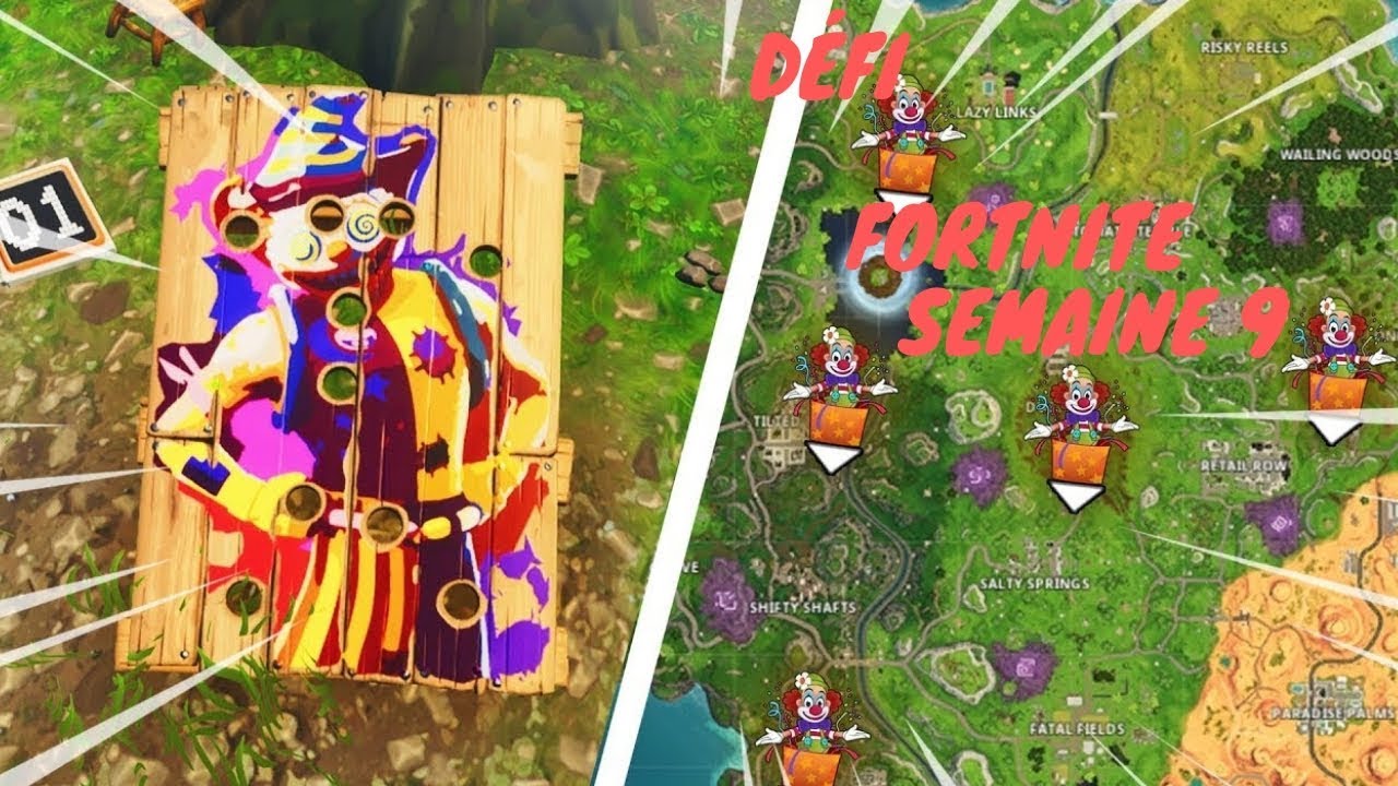 fortnite defi semaine 9 panneaux de clowns - defi clown fortnite