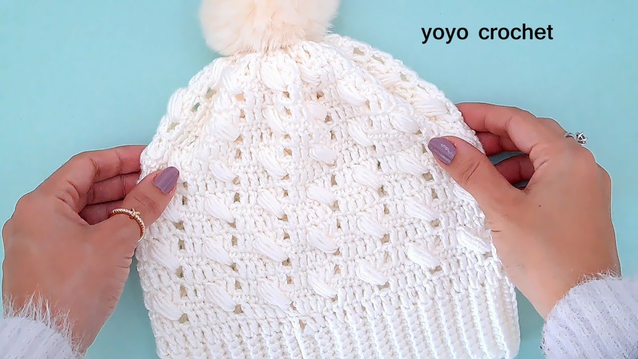 كروشية طاقية / قبعة بغرزة سهلة مجسمة  / طاقية نسائية والشرح لأى مقاس  - Easy crochet hat#يويو_كروشية