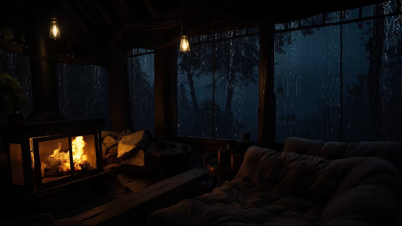 Cabin Rain Sounds at Night with Fireplace | Calm Ambience for Deep Rest ...