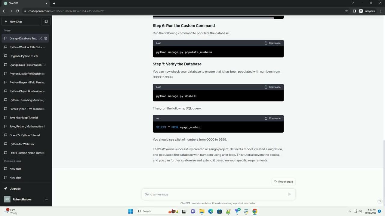 python django for loop creating database populated with 0000 9999 YouTube
