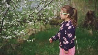 Childhood And Curiosity. Girl Shakes A Blossoming Tree Branch In Spring, Creating A Rain Of Petals.