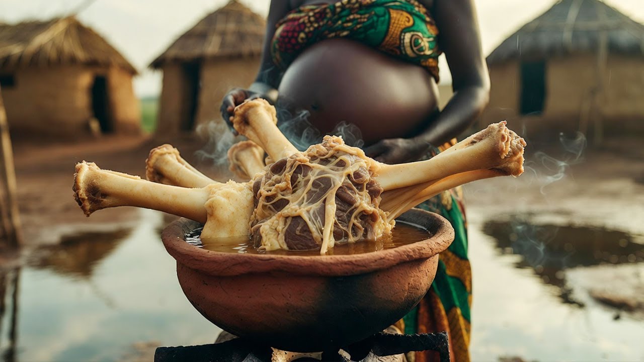 Is She Pregnant? 🤰 African Village Woman Cooking Beef Hooves Soup in Rainy Morning | Full Process