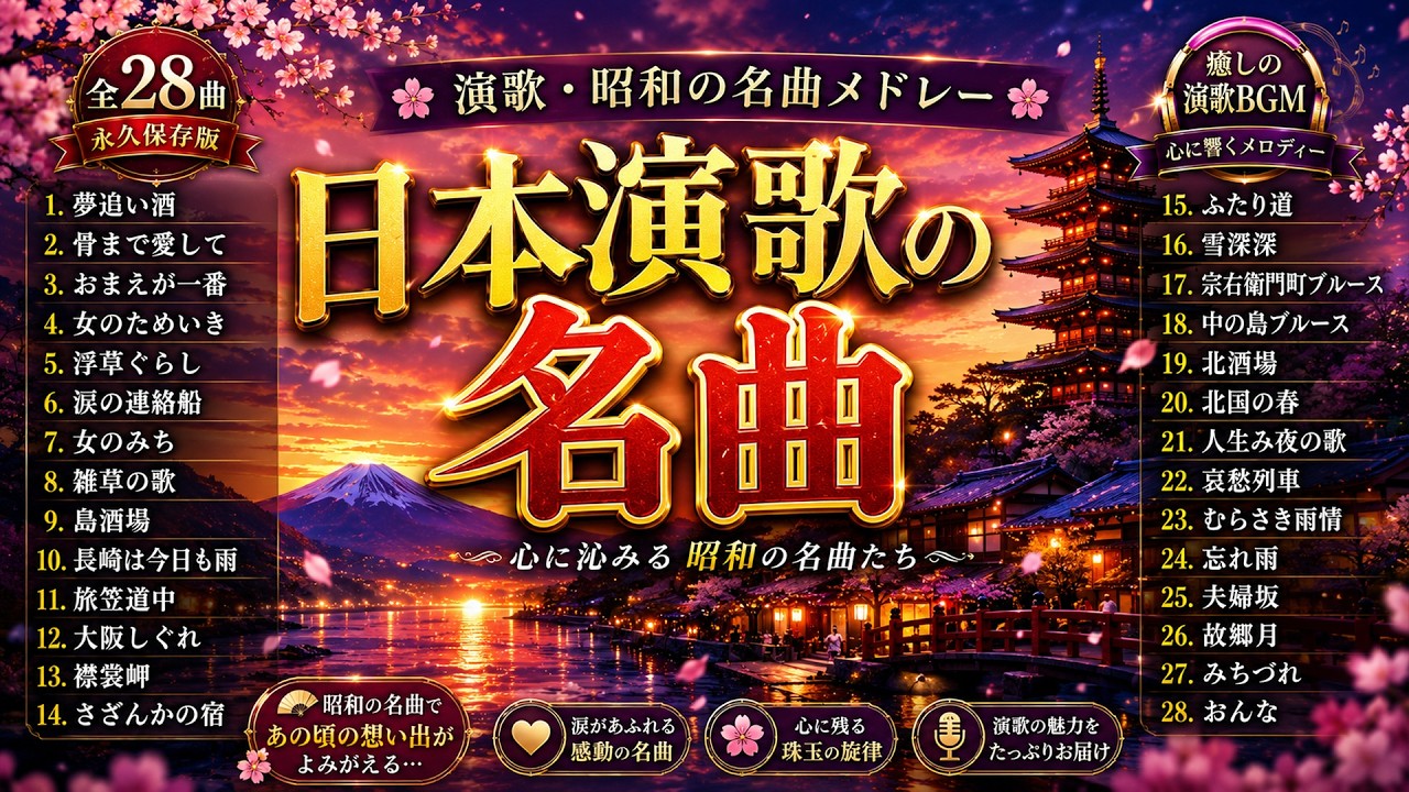 懐メロ演歌決定版・昭和のヒット曲集｜骨まで愛して・長崎は今日も雨