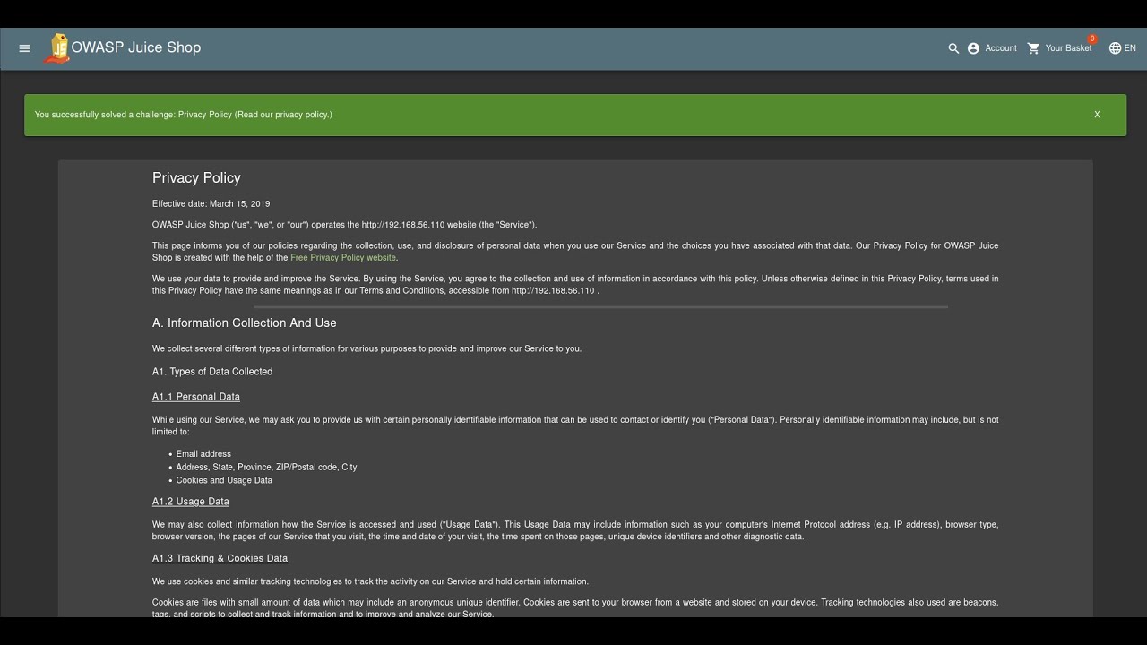 Juice Shop - OWSAP -  Account Login, and Privacy Policy