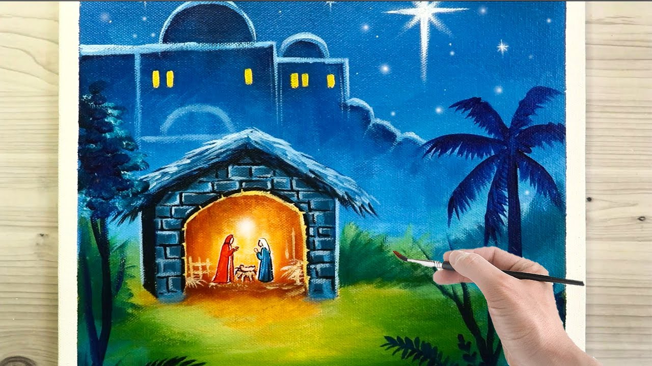 Christmas Crib Easy Acrylic Painting For Beginners - Step By Step / Daily Art Challenge 